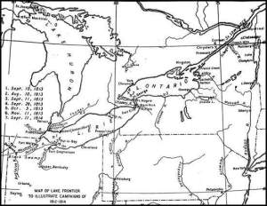 Source: Map of Lake Frontier to Illustrate Campaigns of 1812-1814  From Sea Power in Its Relations to the War of 1812 (Vol. I, p. 371) by A.T. Mahan (Boston: Little, Brown, 1905). 