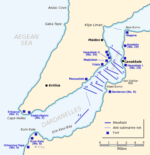 Source: "Dardanelles defences 1915" by Gsl - Own work. Licensed under Public Domain via Wikimedia Commons - http://commons.wikimedia.org/wiki/File:Dardanelles_defences_1915.png#/media/File:Dardanelles_defences_1915.png
