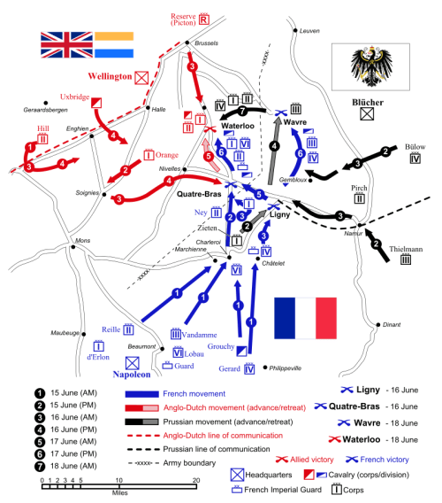 Source: "Waterloo Campaign map-alt3" by Ipankonin - Self-made. Vectorized from raster image Flags from. Licensed under CC BY-SA 3.0 via Wikimedia Commons - https://commons.wikimedia.org/wiki/File:Waterloo_Campaign_map-alt3.svg#/media/File:Waterloo_Campaign_map-alt3.svg