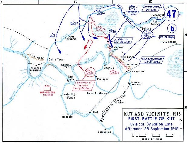 "Kut1915" by This map was created by the Department of Military Art and Engineering, at the U.S. Military Academy (West Point). - http://www.dean.usma.edu/history/web03/atlases/great%20war/great%20war%20%20pages/great%20war%20map%2047.htm. Licensed under Public Domain via Commons - https://commons.wikimedia.org/wiki/File:Kut1915.jpg#/media/File:Kut1915.jpg